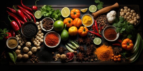 food items and spices arranged in a dark background, in the style of poster, chalky, chalk