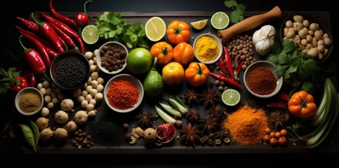 Fotobehang food items and spices arranged in a dark background, in the style of poster, chalky, chalk © Mahenz