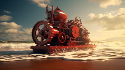 An ancient red mechanical engine