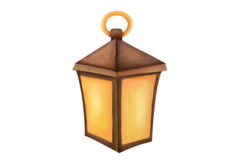 hand drawn watercolor Vintage traditional lantern clipart. cozy illustration isolated on transparent background. cutout oriental oil lamp with burning warm. Retro antique kerosene lamp in metal frame 