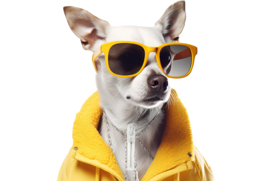 charismatic Dog wearing huge bright glasses, isolated on white