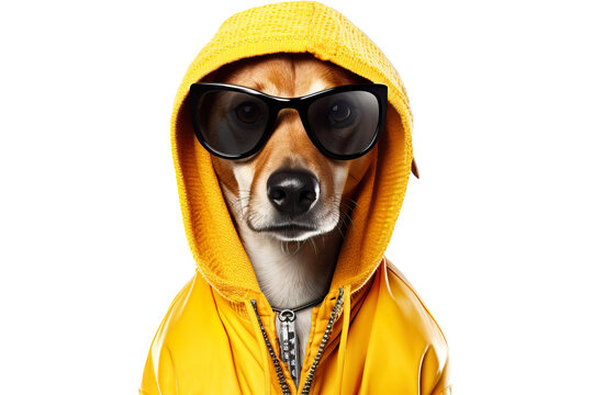 charismatic Dog wearing huge bright glasses, isolated on white