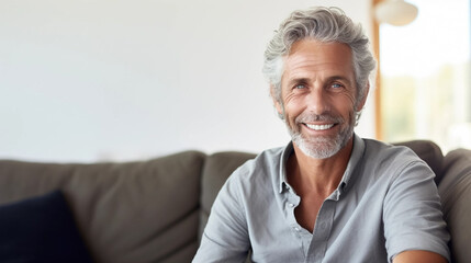 Fototapeta na wymiar copy space, stockphoto, middle aged man sitting on sofa at home, single mature senior in living room. Happy man sitting. Carefree lifestyle. Aged man in good health.