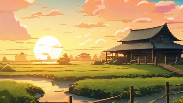 animated video of sunset in rural rice fields