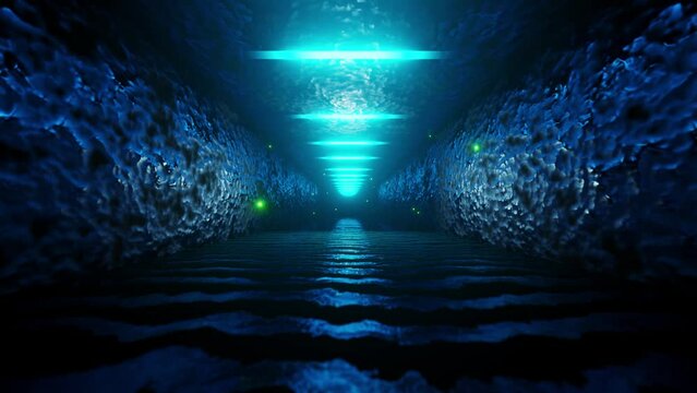 Tunnel with bright blue squares and light at the end of it. Loop animation.
