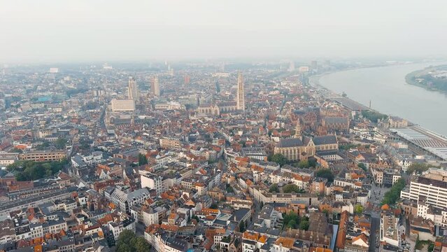 Antwerp, Belgium. Panorama overlooking the Cathedral of Our Lady (Antwerp). Historical center of Antwerp. City is located on the river Scheldt (Escaut). Summer morning, Aerial View