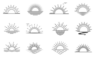 Sunburst line vector set. Sun icon set with stroke line. Outline Sunset icon. Sunrise  icon set.  Sunshine vector collection, summer, sunlight,  vector illustration.