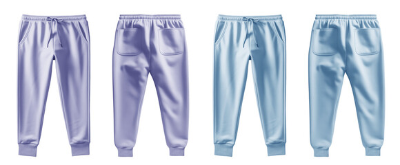2 Set of pastel light blue purple violet, front back view sweatpants jogger sports trousers bottom pants on transparent background, PNG file. Mockup template for artwork design


