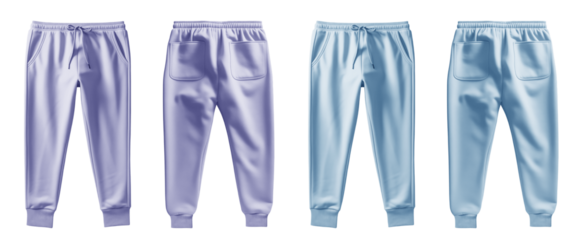 2 Set of pastel light blue purple violet, front back view sweatpants jogger sports trousers bottom pants on transparent background, PNG file. Mockup template for artwork design

