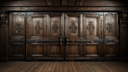 Medieval wooden doorway. two doors in the middle. Beautifully decorated with carvings and sconces. - obrazy, fototapety, plakaty