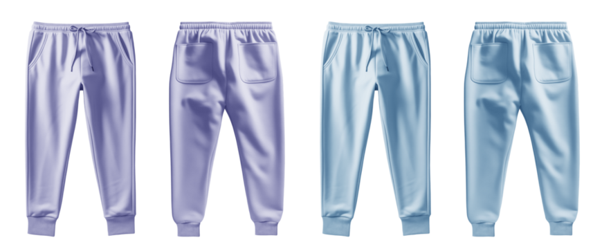 2 Set of pastel light blue purple violet, front back view sweatpants jogger sports trousers bottom pants on transparent background, PNG file. Mockup template for artwork design

