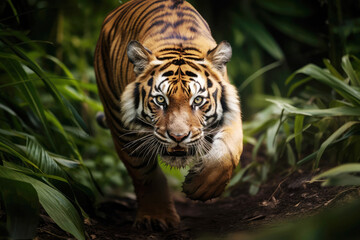 Tiger walking in the jungle close-up, looking at the camera