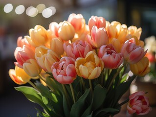 Bouquet of colorful tulips in vase, close up