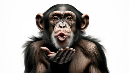 Happy monkey portrait showing love making kiss with hand. Chimpanzee making Kiss to air with her Hand, isolated on white background, Generative Ai - obrazy, fototapety, plakaty