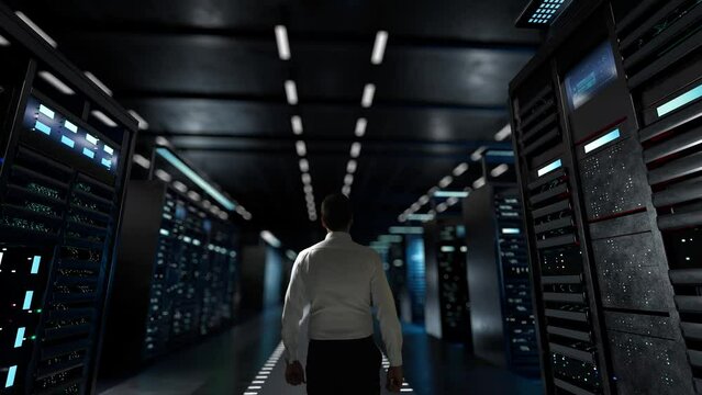 10 Anniversary. IT Administrator Activating Modern Data Center Server with Hologram.