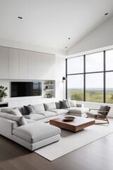 Minimalist living space with a light grey sectional facing panoramic windows, a floating media console against pristine white walls.