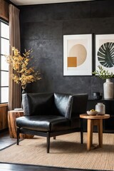Leather chair near rustic wooden coffee table against black cabinet and decorative stucco poster. Japanese style home interior design of modern living room.