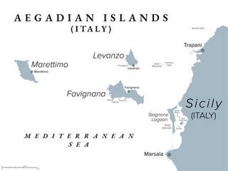 Aegadian Islands, Favignana, Levanzo, Marettimo, gray political map. Group of small mountainous islands in the Mediterranean Sea off the coast of Sicily, Italy, near the cities of Trapani and Marsala.