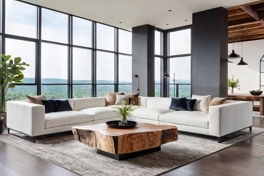 Live edge accent coffee table near white corner modular sofa in room with panoramic windows minimal