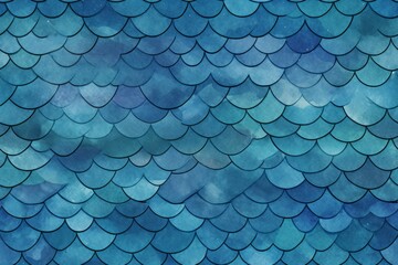 Image closeup of a metal fish scale design in shades of blue and aqua - obrazy, fototapety, plakaty
