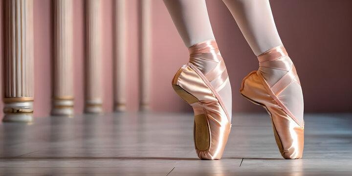 Close up of ballerina's legs wearing ballet shoes, ballet dancers in ballet class. Generative Ai