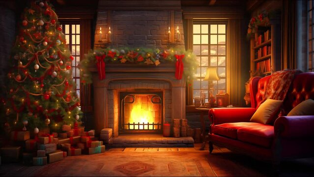 living room with fireplace and christmas tree. seamless looping time-lapse virtual video animation background.