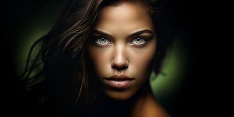 Face of an attractive young woman, beauty with green eyes and intense look, expressive close-up portrait on dark background