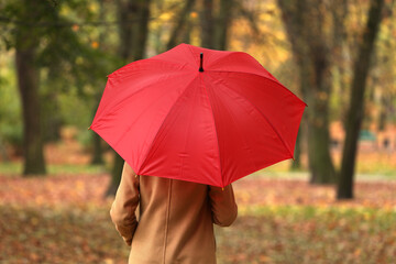 Woman with red umbrella walking in autumn park, back view