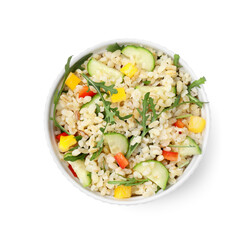 Cooked bulgur with vegetables and arugula in bowl isolated on white, top view