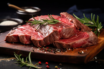 Fresh raw beef steaks testy. Generative AI - obrazy, fototapety, plakaty