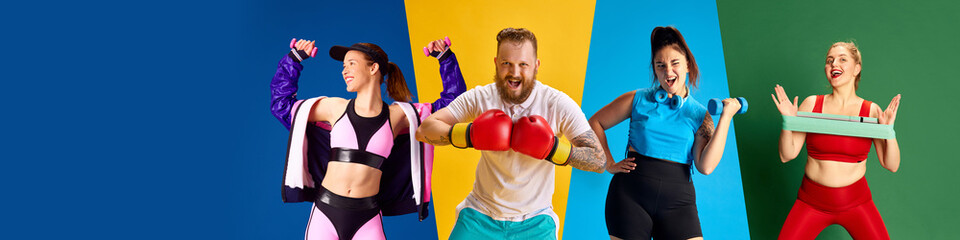 Collage. Portraits of different young people, men and women training various sports over multicolored background. Concept of sport, heathy lifestyle, youth culture, emotions, hobby