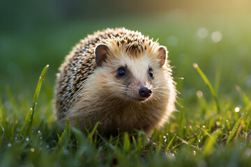 Morning dew on the grass on which the hedgehog walks