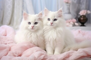 White fluffy kittens lie in a light-colored interior. 