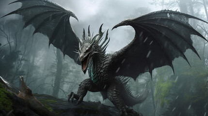 Fierce fantasy black winged dragon. Fierce fantasy black dragon digital illustration Generative AI. - obrazy, fototapety, plakaty