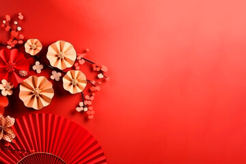 Abstract red background with Chinese fans and flowers, copy space for text