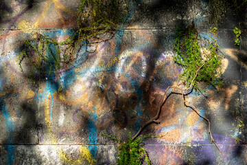 Plantes et graffitis sur les murs de la ville
