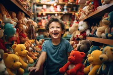 happy child in a toy store. gifts for children - obrazy, fototapety, plakaty