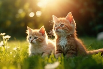 Obraz premium cute striped kittens sitting on a green lawn, backlit. cats ai