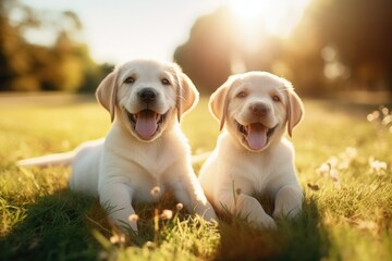 Labrador puppies lie on the green lawn on a sunny day