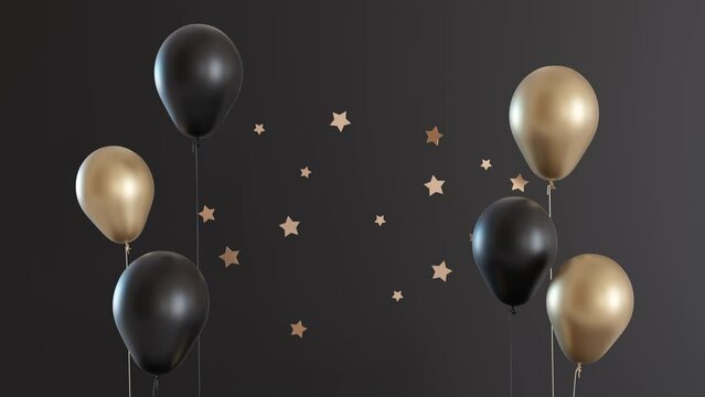 Golden number one and floating helium balloons on black background. Symbol 1. Invitation for a first birthday party, business anniversary, or any event celebrating a first milestone. 3D motion graphic