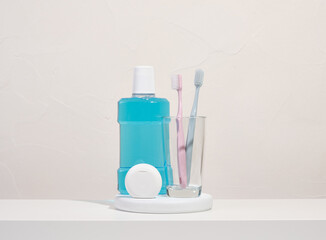 Oral care accessories. Mouthwash, dental floss and toothbrushes.