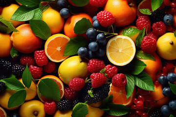 Fruits abstract background with water drops. Generative AI