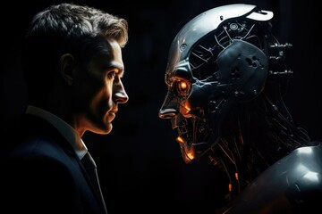Robot Face Opposite Human Face.  artificial intelligence