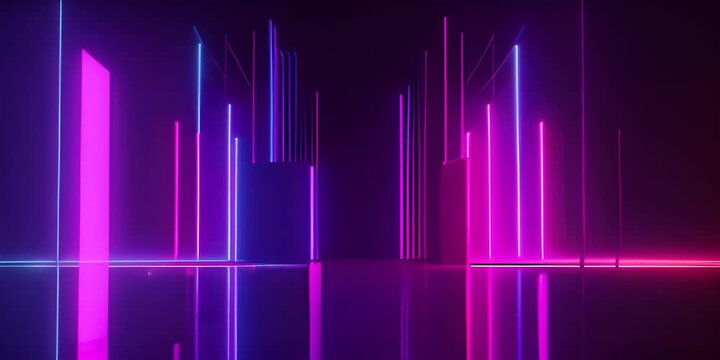 Dance Floor with Spot Lights. Neon stage or empty room: neon lights, spotlights, dark blue, purple, pink abstract background.