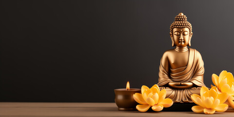Gold Buddha statue and yellow lotus flowers on empty dark background with copy space, yoga, meditation and relaxation time