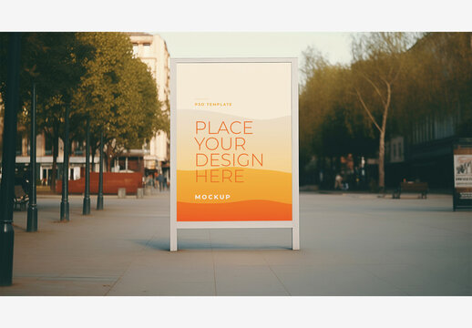 City Street Billboard Mockup Template in A Serene Park Setting with Trees, Buildings, and Benches