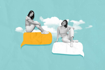 Pop pinup collage poster of two people girls using website forum texting typing osts speech bubbles