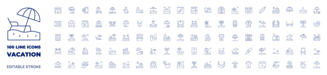 100 icons Vacation collection. Thin line icon. Editable stroke. Vacation icons for web and mobile app.