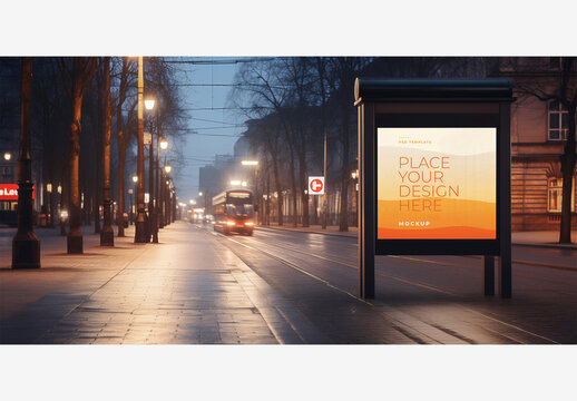 City Street Billboard Mockup: Nighttime Bus Driving Next To Tall Building, Bus Stop Sign & Light, Pole on Sidewalk City Street Billboard Mockup Template