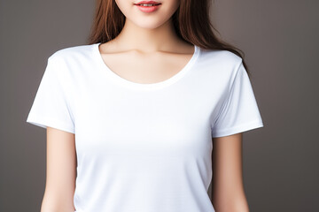 Fototapeta premium Young woman in white t-shirt. Mockup for design.